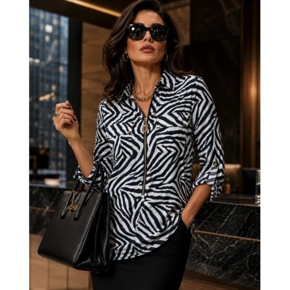 Michael Kors Tops - MICHAEL Michael Kors Zebra Print Zip Front Tunic Blouse Womens M Navy White